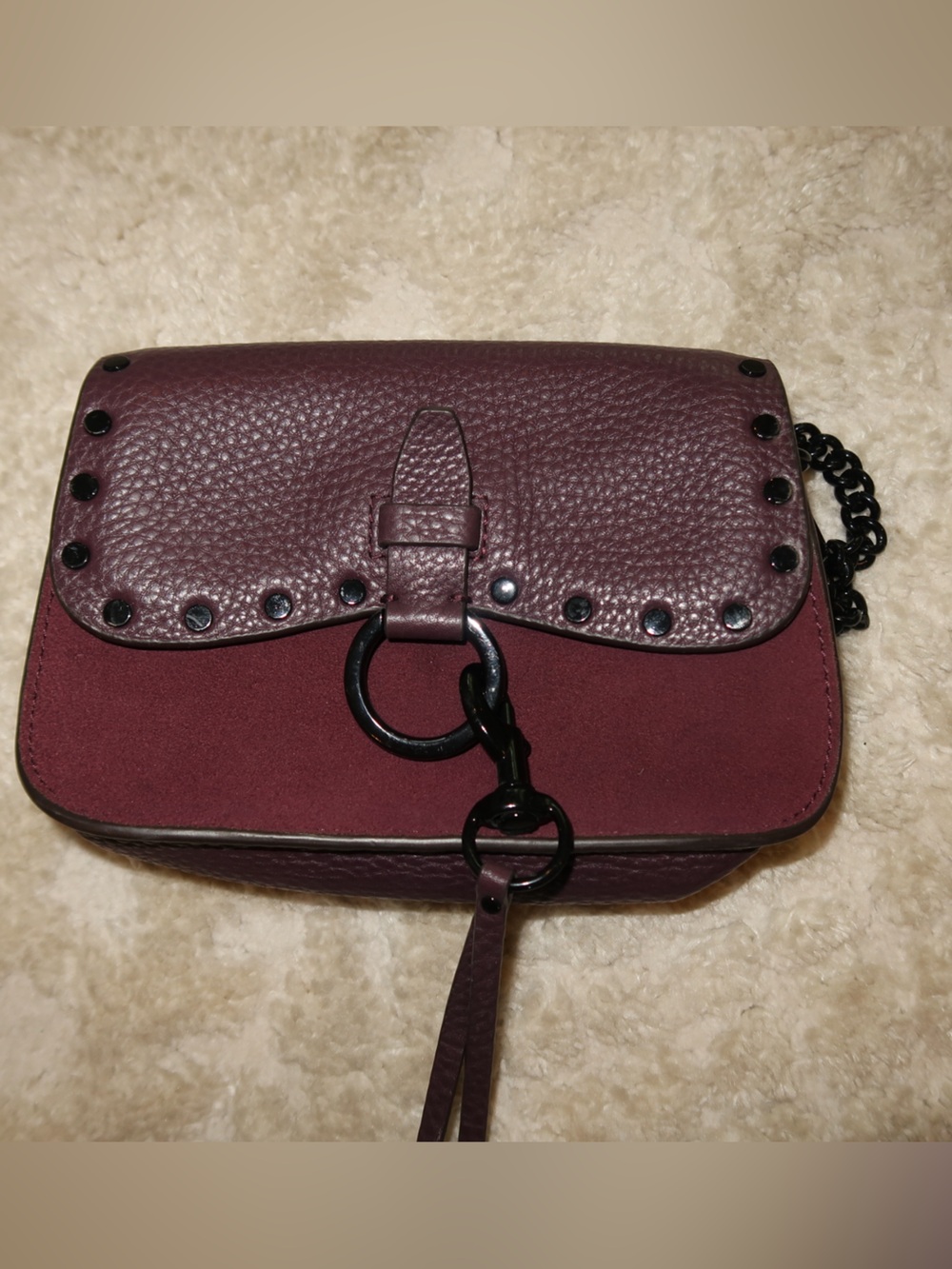 Rebecca Minkoff Burgundy Pebbled Leather & Suede Ring-Closure Crossbody